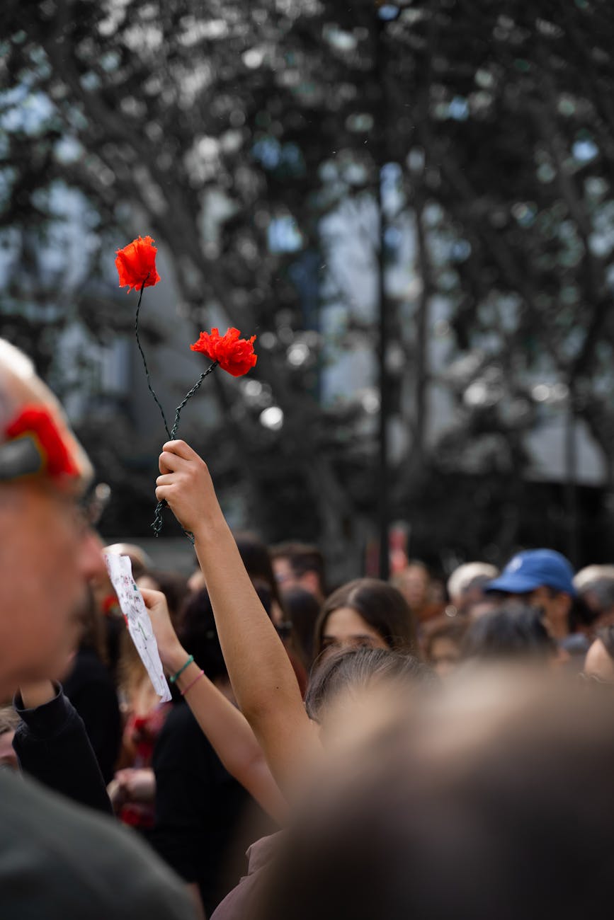carnations in hands of woman standing in crowd
